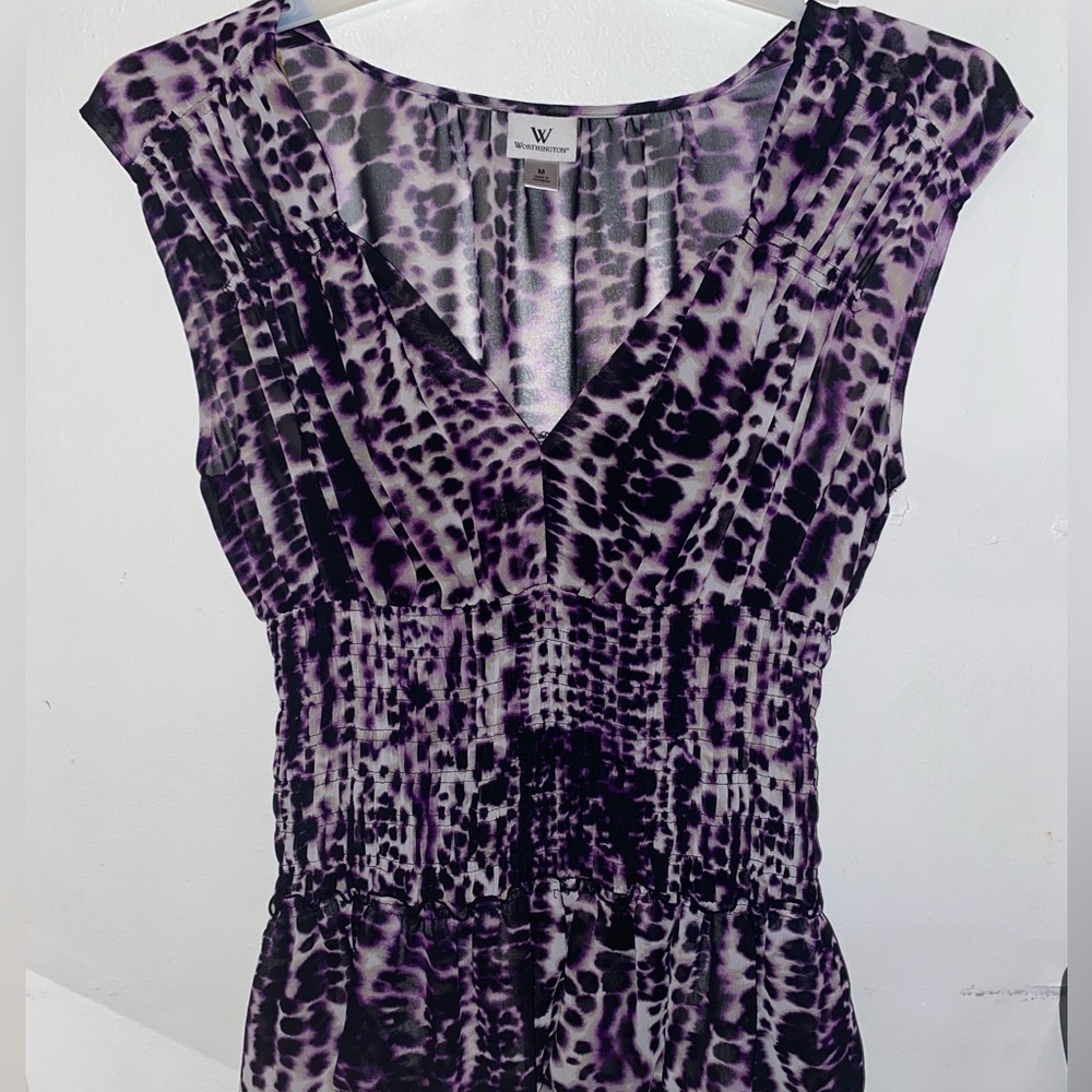 Worthington Purple Black Animal Print Sweetheart Neck Ruched Blouse M